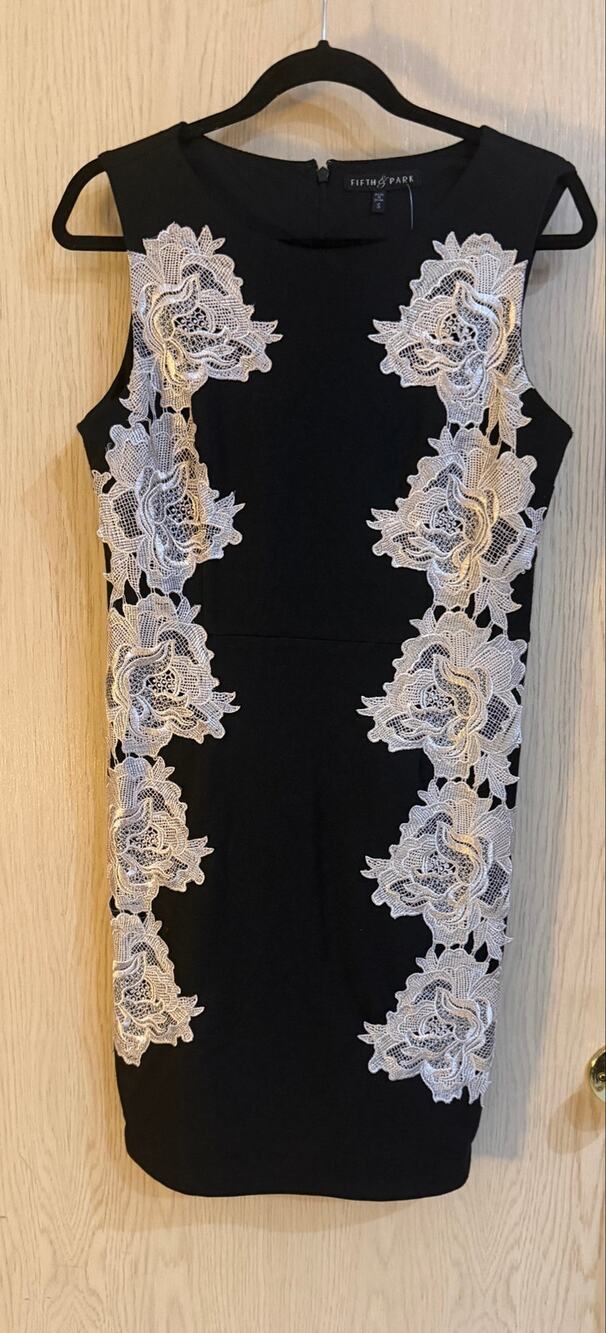 Fifth & Park Small Black Cream Floral Lace Appliqué Sheath Dress NWT
